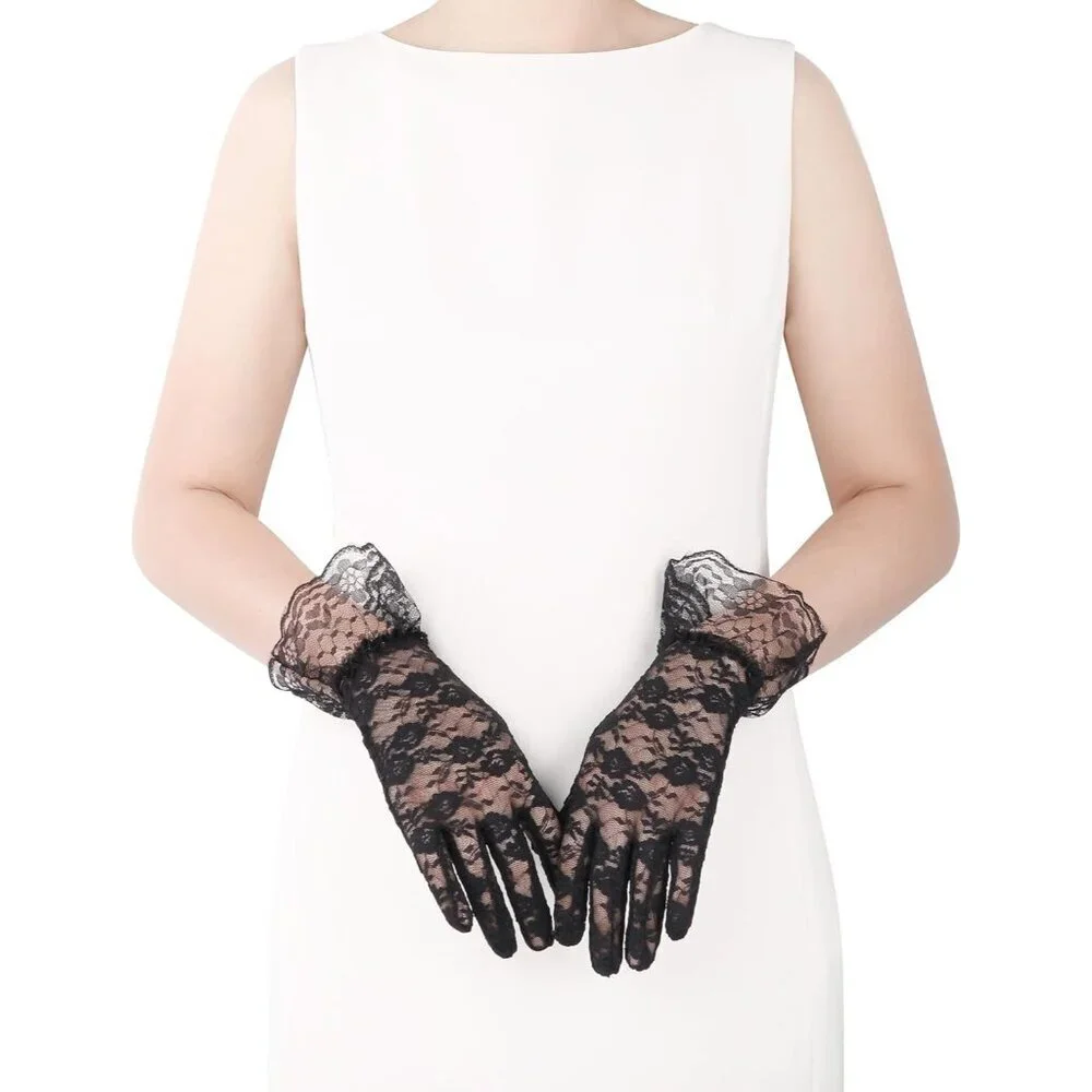 Women's Black Short Nylon Mesh Imported Nylon Sheer Lace Ruffles Gloves